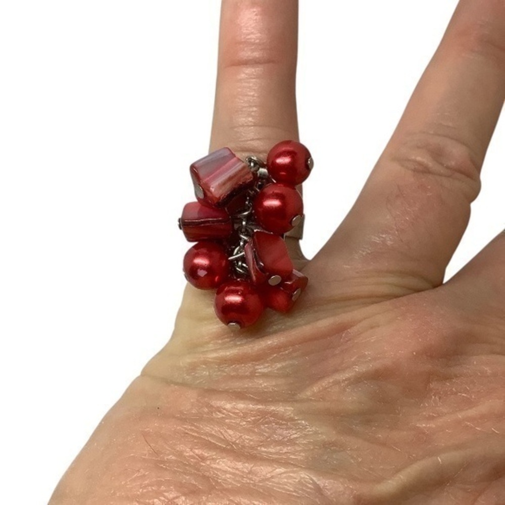 Silver tone adjustable red bead ring Size 7